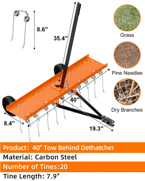 40-Inch Tow Behind Dethatcher With 20 Rust-Proof Tines And Heavy-Duty Tires, carbon steel, for clearing large lawns