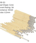 100 Piece P100 E2 Spring Test Probes Kit With Tapered Head Brass 1.5mm Contact Pins For PCB Testing, probes stacked