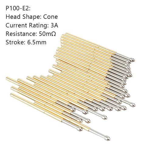 100 Piece P100 E2 Spring Test Probes Kit With Tapered Head Brass 1.5mm Contact Pins For PCB Testing, probes stacked