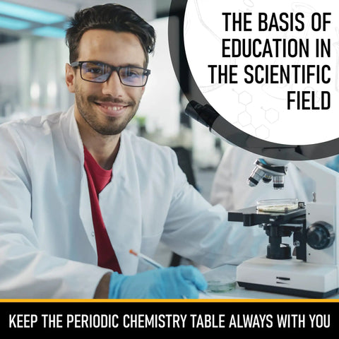 Scientist in lab coat using microscope, promoting Pocket Metal Periodic Table Card for Chemistry Nerds, Wallet Size Reference.