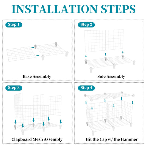 Installation steps for Pink 20 Cube Closet Organizer System with sturdy metal frame and ABS connectors for easy assembly.