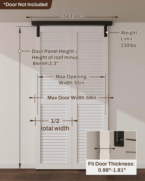 Box Rail Hardware For Bifold Sliding Barn Doors, Ceiling Mount Aluminum Alloy Track Kit For Two Doors, 60 Inch Length installation view