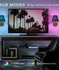EIDISUNY Battery Operated Wall Sconces, Rattan Wall Sconce Set of 2 illuminated in RGB colors beside a TV in a stylish living room.