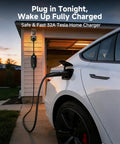 Heavy Duty Level 2 Portable EV Charger For Tesla And All Electric Vehicles Pulling 32 Amps At 7.68 Kilowatts charging a white Tesla in a garage.