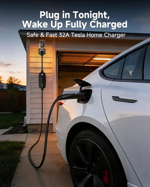Heavy Duty Level 2 Portable EV Charger For Tesla And All Electric Vehicles Pulling 32 Amps At 7.68 Kilowatts charging a white Tesla in a garage.