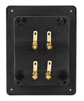 Heavy Duty Audio Terminal Strip With Binding Posts For Secure Wire Hooks And Four Hole Mounts, black plate with gold connectors.