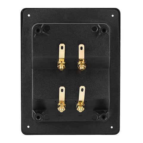 Heavy Duty Audio Terminal Strip With Binding Posts For Secure Wire Hooks And Four Hole Mounts, black plate with gold connectors.