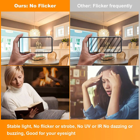 Comparison of A15 LED Filament Bulbs, 7W Equal 60W, Dimmable 2700K Warm White showing no flicker versus frequent flicker