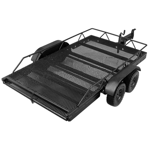 Heavy Duty RC Car Trailer And Cargo Hauler For Scx10 Scale Crawlers Bulletproof Aluminum Build view of black mesh trailer with wheels and hitch.