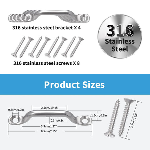 Stainless Steel Pad Eye Kit For Bimini Boat Top Straps, Kayak Deck Loops, Cooler Tie Downs, Battery Hold Downs, And Marine Hardware, 4 Pack For Beefy Heavy Duty Ties And Rugged Outdoor Watercraft Gear with screws and measurement details.