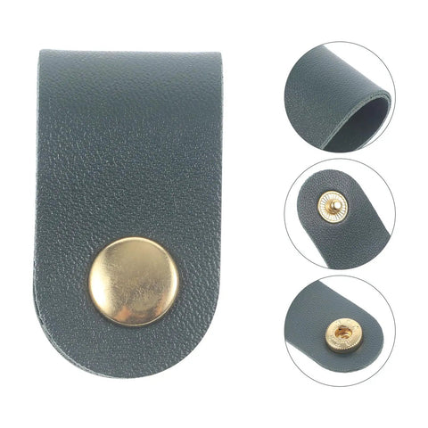 Five Piece Artificial Leather Cord Organizer With Portable Cable Ties For Earphones, gray leather cable tie with gold button.