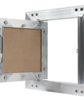Zero Drama Six By Six Inch Waterproof Drywall Access Panel With Slick Push To Open Flush Mount, showing open aluminum frame.