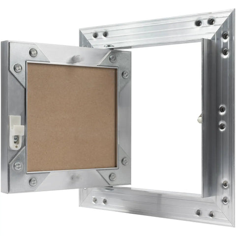 Zero Drama Six By Six Inch Waterproof Drywall Access Panel With Slick Push To Open Flush Mount, showing open aluminum frame.