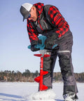 Man using Cordless Electric Ice Auger With Six Speed 100-800 RPM And 1200Nm Torsion Power Head for ice fishing on frozen lake