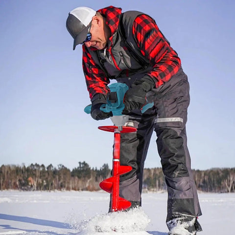 Man using Cordless Electric Ice Auger With Six Speed 100-800 RPM And 1200Nm Torsion Power Head for ice fishing on frozen lake