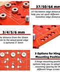 Shelf Pin Jig And Hinge Jig 2 In 1 Pro Grade Adjustable Drilling Guide for Woodworking display with measurements and features.