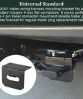 Universal 4 Way Flat Trailer Connector Mount Bracket installed on vehicle with close-up of black steel holder