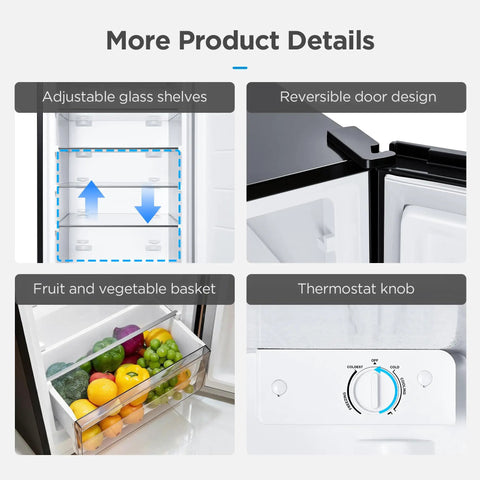 Big Capacity 7.1 Cu Ft Upright Freezer Refrigerator Convertible in Black with One Touch Switch, showcasing adjustable glass shelves, reversible door, fruit basket, and thermostat.