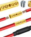 Top Shelf 12 To 10 Awg Screw Style Wire Butt Connectors And Mechanical Splice Kit with brass connectors and red wires.