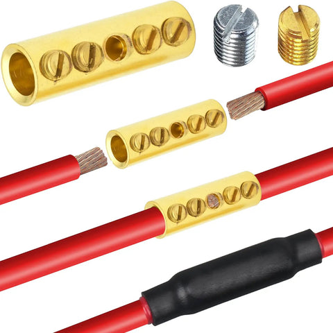 Top Shelf 12 To 10 Awg Screw Style Wire Butt Connectors And Mechanical Splice Kit with brass connectors and red wires.