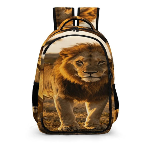 Dope Golden Hour Lion Printed Unisex Backpack with large capacity for school travel and everyday carry durable polyester.