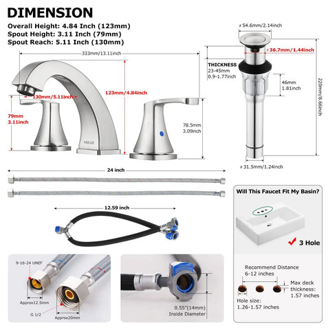 Dimensions of Widespread Double Handle Bathroom Faucet With Pop Up Drain And cUPC Supply Lines In Brushed Nickel, 3-Hole Mount