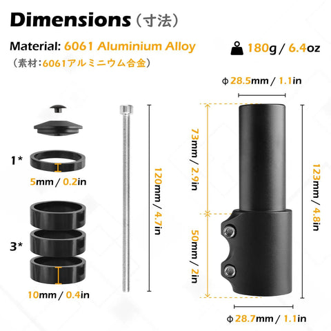Diagram showing dimensions of Bike Stem Riser And Handlebar Extender For MTB And BMX Aluminum Alloy Head Up Adapter.