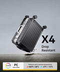 20-inch carry-on luggage with four spinner wheels, charcoal metallic polycarbonate shell and aluminum frame