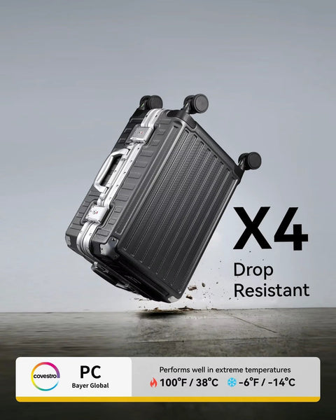 20-inch carry-on luggage with four spinner wheels, charcoal metallic polycarbonate shell and aluminum frame
