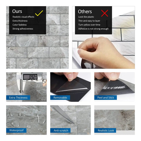 Comparison of Tile Peel and Stick Backsplash 3x6 Grey Marble Subway Self-Adhesive Waterproof for Bathroom and Kitchen