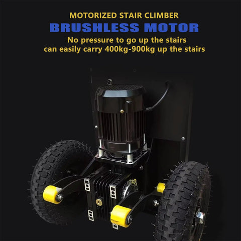 Super Heavy Duty Electric Stair Climbing Hand Truck Dolly That Crushes Moving Tasks With 440 LB Capacity And Smooth Pneumatic Wheels showing brushless motor and sturdy wheels.