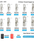 Heavy Duty Copper Ring Terminals Kit for Battery Cables 160 Pcs in 10 Sizes AWG 2 4 6 8 10 12 Tinned Marine Grade Wire Lugs and Tubing