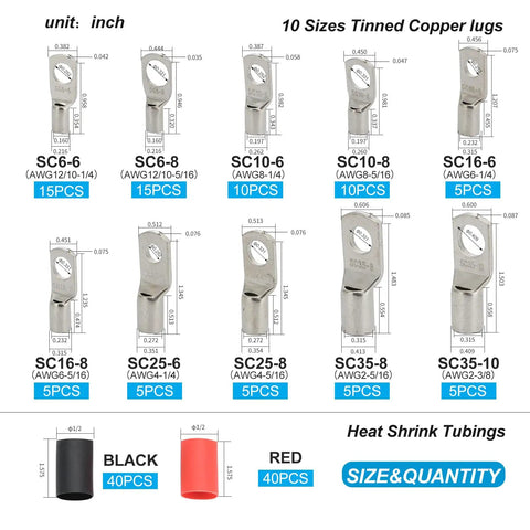 Heavy Duty Copper Ring Terminals Kit for Battery Cables 160 Pcs in 10 Sizes AWG 2 4 6 8 10 12 Tinned Marine Grade Wire Lugs and Tubing