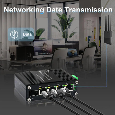 Beefed-Up Industrial Grade 4 Port Gigabit Ethernet Switch With SFP Slot DIN-Rail Mount in office setting, cables connected