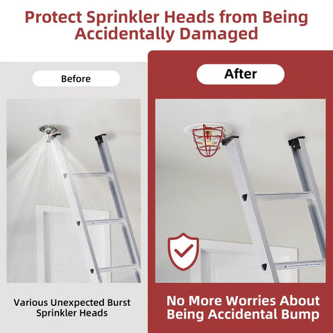Before and after image showing Built Like A Tank 1/2 Inch Fire Sprinkler Head Cage Guard Protector Bracket installed.