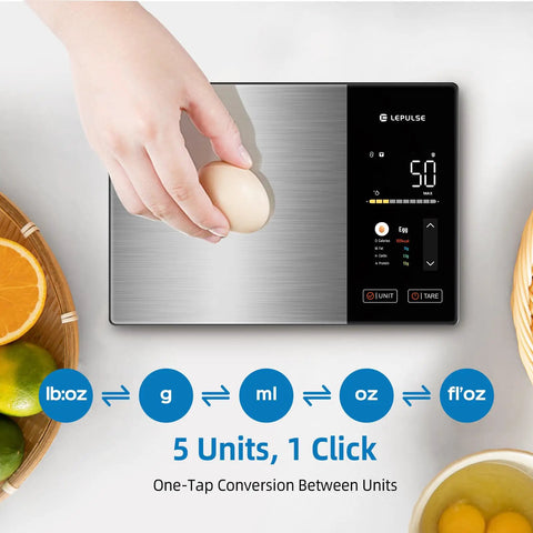 Smart Digital Kitchen Scale With 23 Nutrients Tracking For Weight Loss, app sync, premium stainless steel, 11Lb capacity, egg on scale