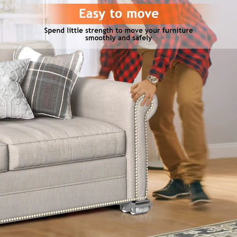 Person moving a beige couch using a furniture dolly with non-slip feet on hardwood floor.