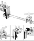 Adjustable Drum Cowbell Mount Holder Clamp, silver finish, showing detailed view of adjustment mechanism for quick up or down positioning.