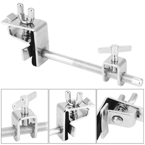 Adjustable Drum Cowbell Mount Holder Clamp, silver finish, showing detailed view of adjustment mechanism for quick up or down positioning.