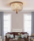 Beaded Flush Mount Ceiling Light With White Wood Beads, Boho Bohemian Farmhouse Style 4 Light Fixture in living room setting