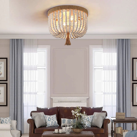 Beaded Flush Mount Ceiling Light With White Wood Beads, Boho Bohemian Farmhouse Style 4 Light Fixture in living room setting