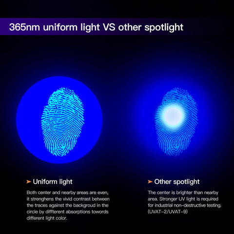 Comparison of 365Nm UV Flashlight Beast Workhorse Rechargeable Blacklight uniform light vs other spotlight on fingerprints.