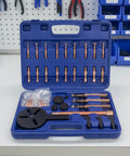 Thinking Process: blue bearing puller set in hard case with steel rods, hooks, adapters, and disc for bearing removal