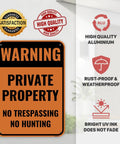 Two Pack 14 By 10 Inch Heavy Duty Aluminum No Trespassing And No Hunting Signs Private Property Warning Plaques bright orange warning sign