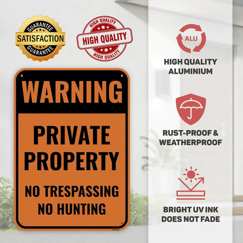 Two Pack 14 By 10 Inch Heavy Duty Aluminum No Trespassing And No Hunting Signs Private Property Warning Plaques bright orange warning sign