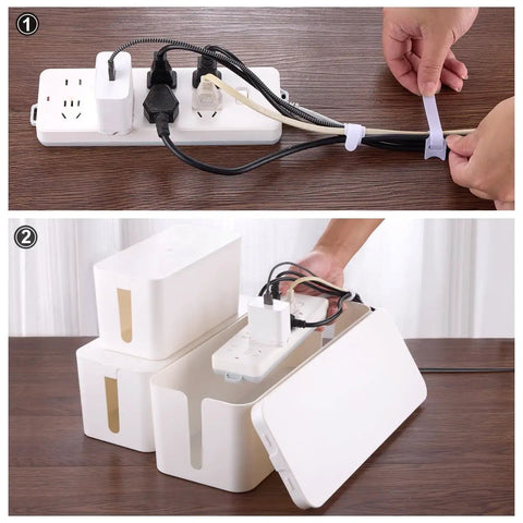 Triple Pack Wooden Grain Cable Management Boxes Set With 18-Piece Cable Management Kit Large Medium Small Cord Organizers To Hide Wires And Power Strips TV Cord Organizer For Home And Office No More Cable Chaos White Finish, showing cable organization process with power strip and white boxes.