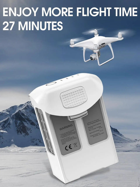 Phantom 4 Pro Series Beefed Up Battery Replacement 5870mAh Intelligent Flight Battery Pack with drone in snowy landscape
