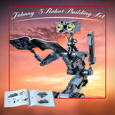 Johnny 5 Robot Building Set With Remote Control 1176 Pieces Rechargeable STEM Tech Movie Robotic Figure Model Kit For Adults Men Geek Gift Educational Hands On Robotics Project Gift Idea For Fans, assembled LEGO-style robot with manual