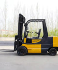 Smooth Operator Portable Mini Electric Forklift 4 Way Counterbalance Lift Truck with adjustable forks and solid tires side view.