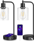 Set Of 2 Industrial Wireless Charging Desk Lamps With 3 Way Touch Control Dimmable Lighting USB Port Bedside Nightstand Lamps Hanging Seeded Glass Shade Ideal For Office Bedroom Or Living Room Bulb Included